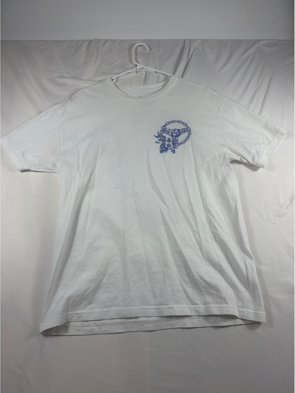 DGK White Graphic T-Shirt Large with Praying Hands and Steering Wheel Design
